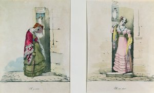 Uma mulher entrando e saindo de uma clínica de aborto, gravada por Godefroy Engelmann (1788-1839)